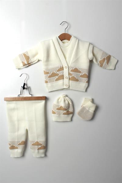 Unisex Bebek Triko Takım 5 Parça Bej Bulut Desenli Kazak Yelek Pantolon Bere Eldiven