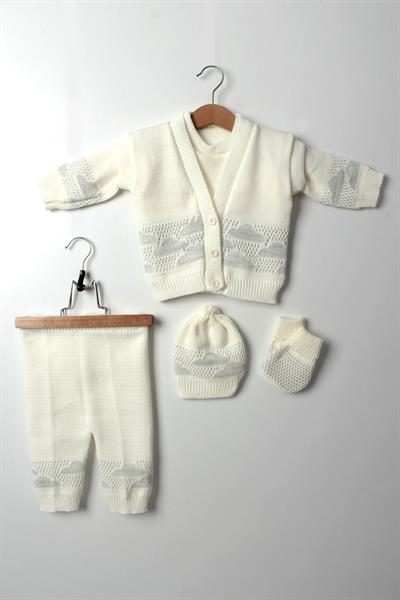 Unisex Bebek Triko Takım 5 Parça Gri Bulut Desenli Kazak Yelek Pantolon Bere Eldiven