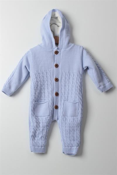 Erkek Kapüşonlu Cepli Tulum Bebe Mavisi - Bebek Kışlık Kalın Triko Tulum Düğmeli