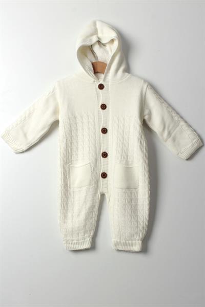 Unisex Kapüşonlu Cepli Tulum Beyaz - Bebek Kışlık Kalın Triko Tulum Düğmeli