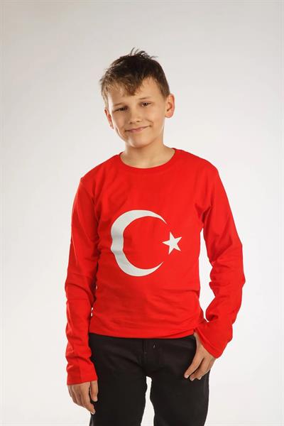 Ay Yıldız Baskılı Uzun Kol Tişört Kırmızı Çocuk Milli Bayram 23 Nisan 29 Ekim Gösteri Kıyafeti