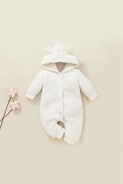 Unisex Beyaz Peluş Kapüşonlu Kulaklı Bebek Tulum Kışlık Yumuşak Çıtçıtlı Tulum