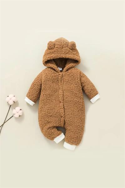Unisex Kahverengi Peluş Kapüşonlu Kulaklı Bebek Tulum Kışlık Yumuşak Çıtçıtlı Tulum