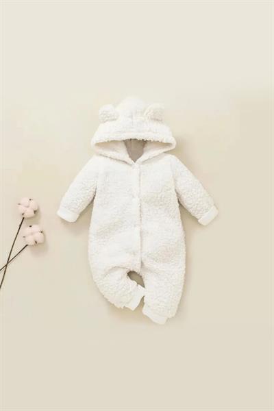 Unisex Beyaz Peluş Kapüşonlu Kulaklı Bebek Tulum Kışlık Yumuşak Çıtçıtlı Tulum