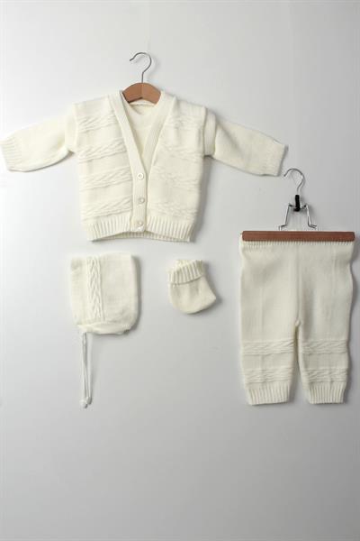 Yeni Doğan Unisex Bebek 5li Triko Takım Beyaz Kazak Yelek Pantolon Şapka Patik