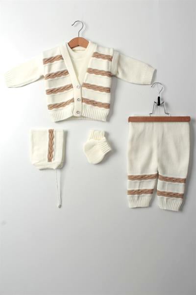 Yeni Doğan Unisex Bebek 5li Triko Takım Bej Kazak Yelek Pantolon Şapka Patik