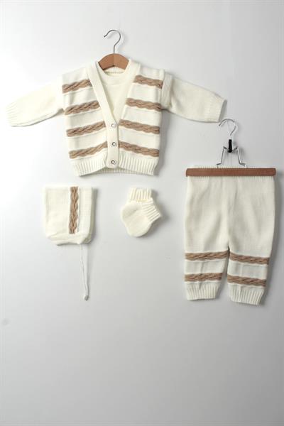 Yeni Doğan Unisex Bebek 5li Triko Takım Bej Kazak Yelek Pantolon Şapka Patik