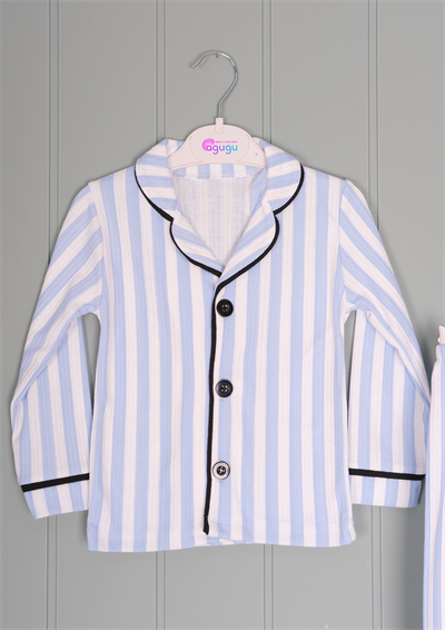444756 Mavi Çizgili Yakalı Pijama Takım