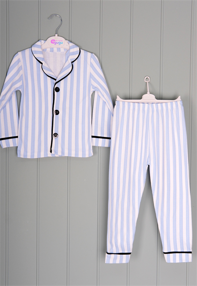 444756 Mavi Çizgili Yakalı Pijama Takım