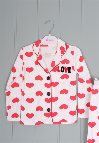 450455 Kalpli Love Pijama Takım Kırmızı Kalp Desenli