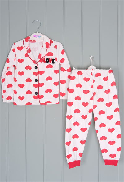 450455 Kalpli Love Pijama Takım Kırmızı Kalp Desenli