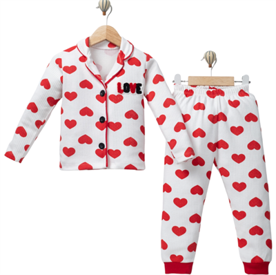 450455 Kalpli Love Pijama Takım Kırmızı Kalp Desenli