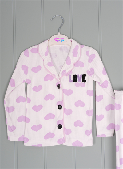 450455 Kalpli Love Pijama Takım Mor Kalp Desenli