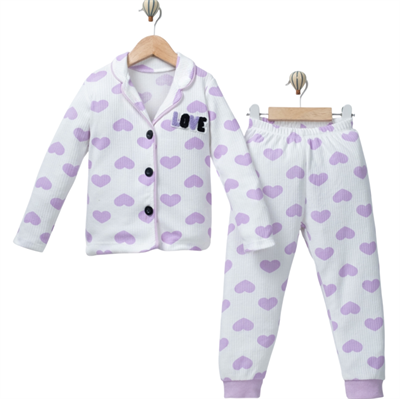 450455 Kalpli Love Pijama Takım Mor Kalp Desenli