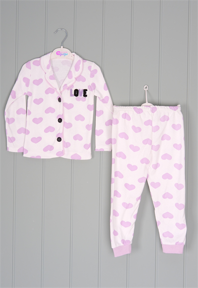 450455 Kalpli Love Pijama Takım Mor Kalp Desenli