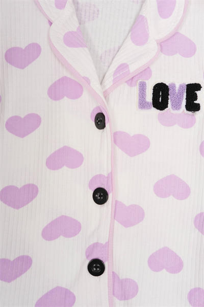 450455 Kalpli Love Pijama Takım Mor Kalp Desenli