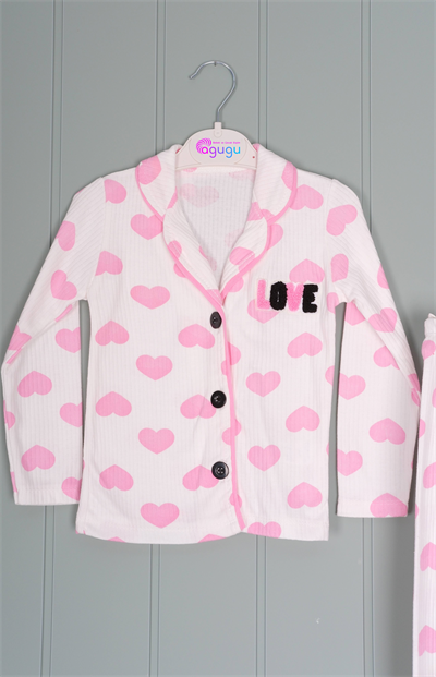450455 Kalpli Love Pijama Takım Pembe Kalp Desenli