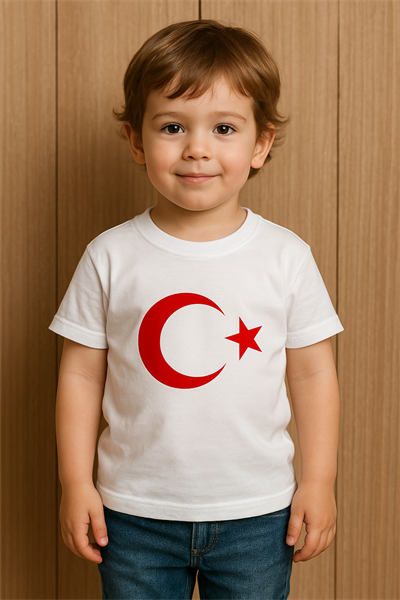 Ay Yıldız Baskılı Beyaz Kısa Kollu Çocuk Tişörtü Beyaz