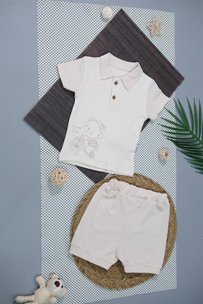 Bisikletli Ayıcık Desenli Polo Yaka Tişört ve Şort Takımı Bej