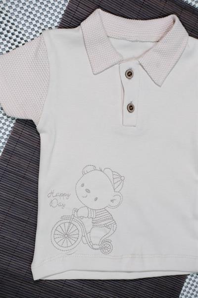 Bisikletli Ayıcık Desenli Polo Yaka Tişört ve Şort Takımı Bej
