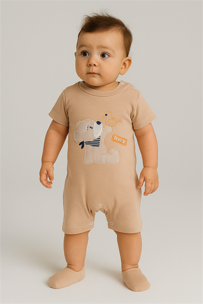 Ayıcık ve Toys Nakışlı Çıtçıtlı Tulum Erkek Bej