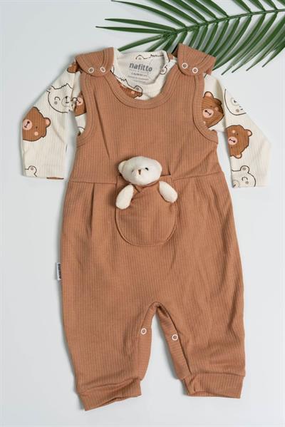 Ayıcık Aksesuarlı Çıtçıtlı Erkek Bebek Tulum Takımı Kahverengi