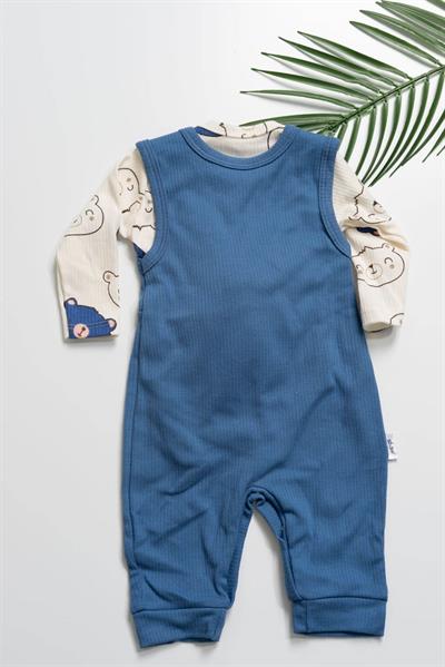 Ayıcık Aksesuarlı Çıtçıtlı Erkek Bebek Tulum Takımı Mavi