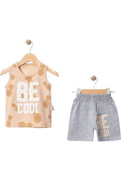 Be Cool Baskılı Askılı Şortlu Erkek Bebek Takımı Kahverengi
