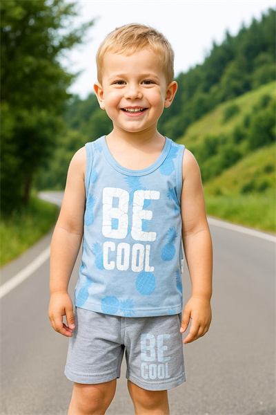 Be Cool Baskılı Askılı Şortlu Erkek Bebek Takımı Mavi