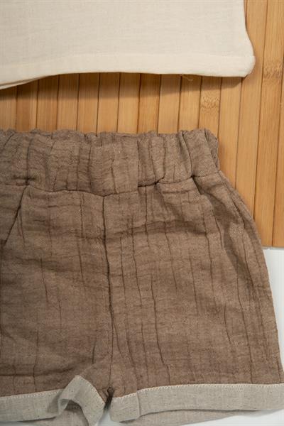 Düğme Detaylı Müslin Erkek Bebek 2li Yazlık Takım Bej & Kahve