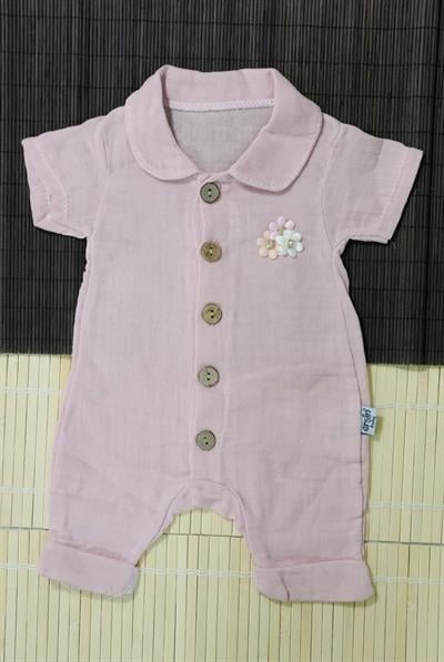 Düğmeli Kısa Kollu Müslin Bebek Tulum Gül Kurusu