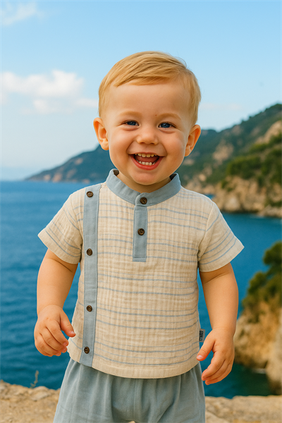 Düğmeli Müslin Erkek Bebek Yazlık Takım Mavi