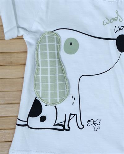 Köpek Baskılı Beyaz Tişört ve Yeşil Ekoseli Şort Takımı Yeşil
