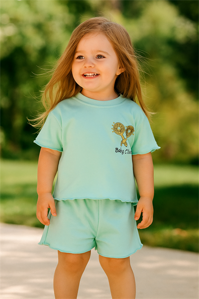 Fırfır Detaylı Baby Club Kız Bebek Şortlu Takım Turkuaz