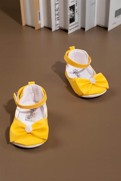 Fiyonklu Kız Bebek Babet Ayakkabı/Patik İnci Detaylı Cırt Cırtlı Sarı
