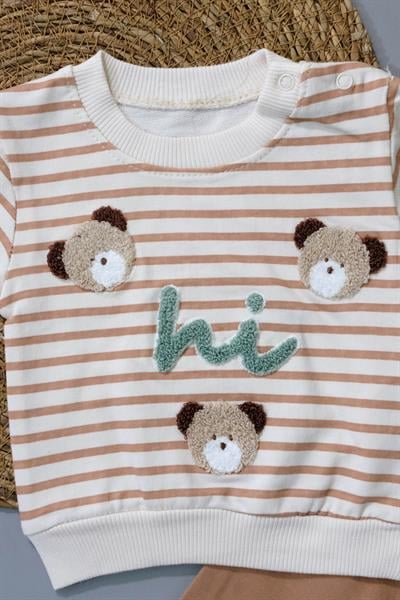 Sevimli Ayıcık ve Hi Desenli Çizgili Sweatshirt ve Mavi Alt Eşofman Takımı Kahve