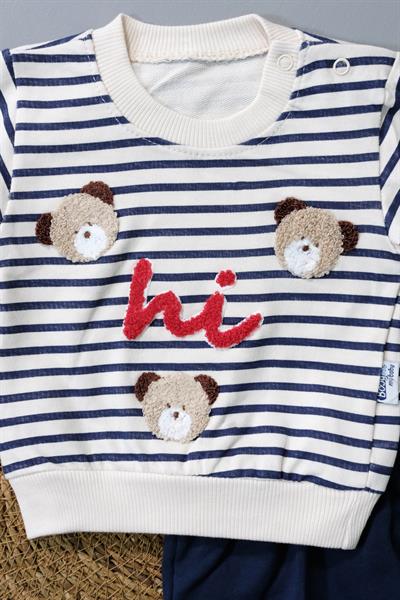 Sevimli Ayıcık ve Hi Desenli Çizgili Sweatshirt ve Mavi Alt Eşofman Takımı Lacivert