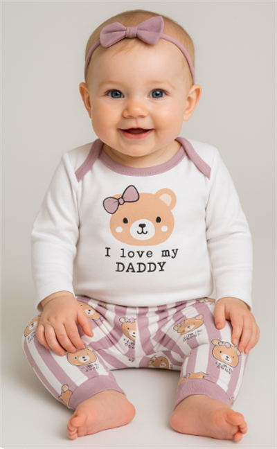 I Love My Daddy Ayıcık Desenli Kız Bebek 2li Body Takımı Mor