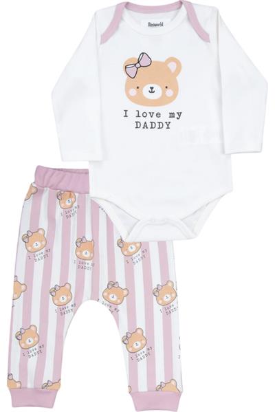 I Love My Daddy Ayıcık Desenli Kız Bebek 2li Body Takımı Mor