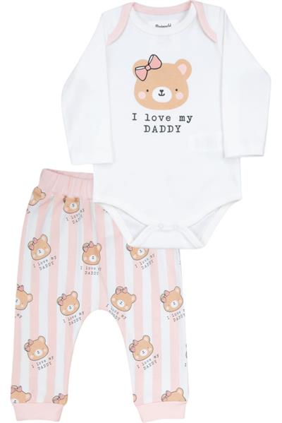 I Love My Daddy Ayıcık Desenli Kız Bebek 2li Body Takımı Pudra