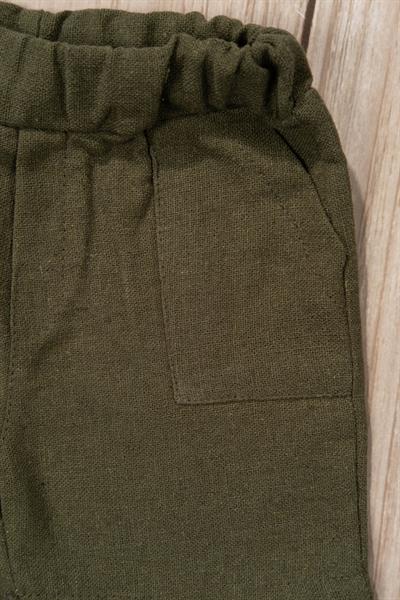 Keten Hakim Yaka Yarım Pantalon Gömlekli 2li Yazlık Erkek Takım Haki