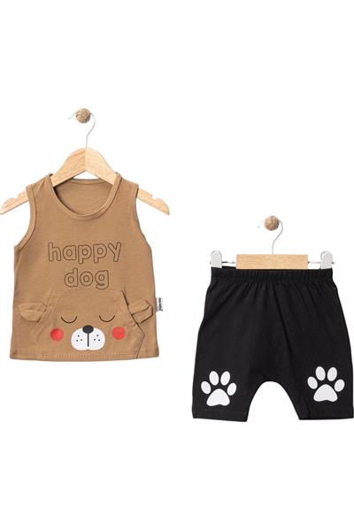 Happy Dog Köpek Pati Baskılı Şortlu Takım Kahverengi