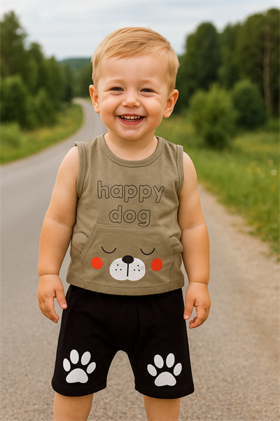 Happy Dog Köpek Pati Baskılı Şortlu Takım Haki