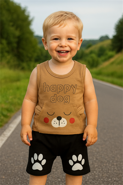 Happy Dog Köpek Pati Baskılı Şortlu Takım Kahverengi