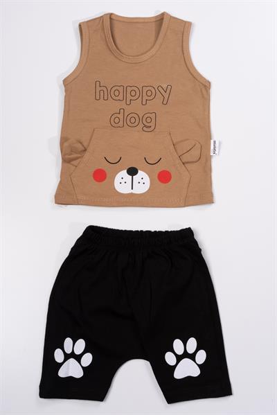 Happy Dog Köpek Pati Baskılı Şortlu Takım Kahverengi