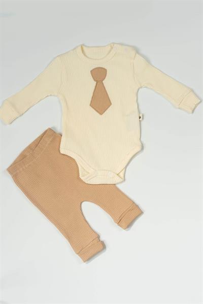 Kravat Desenli Ribana Badili Çıtçıtlı 2li Erkek Bebek Takımı Krem & Kahve