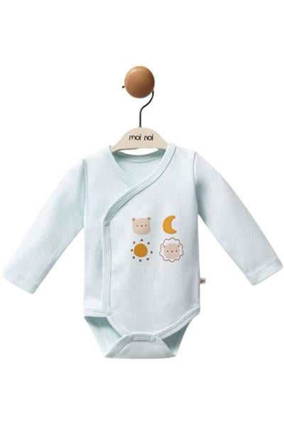 Kruvaze Uzun Kollu Güneş Ay Desenli Bebek Body Mavi