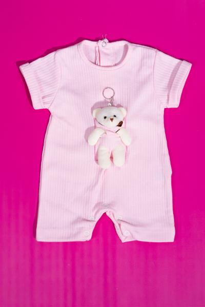 Mini Ayıcık Detaylı Kısa Kollu Yazlık Tulum Pembe