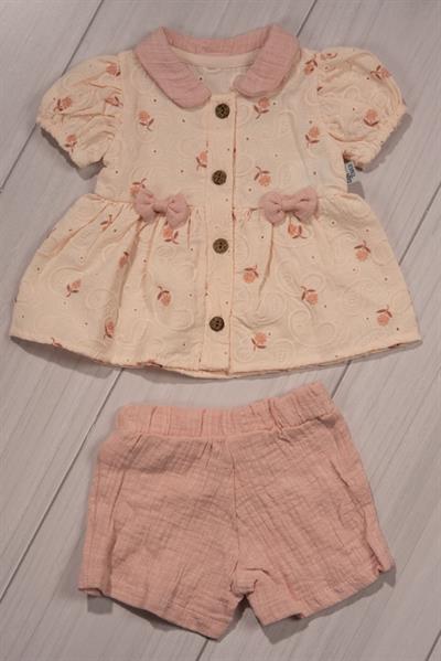 Nakış Detaylı Şortlu Kız Bebek Takımı Toz Pembe