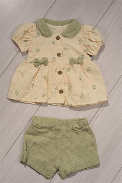Nakış Detaylı Şortlu Kız Bebek Takımı Yeşil